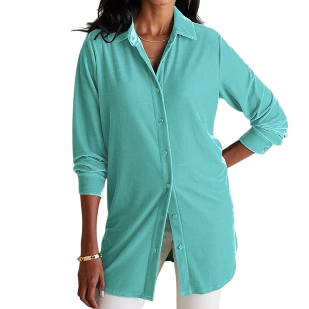 Soft Surroundings Stretch Velvet Boyfriend Button Tunic Shirt Turquoise Size S